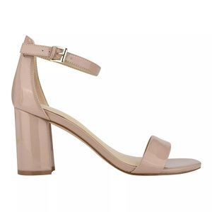 Nine West Pruce Ankle Strap Block Heel Sandals Nude/Tan Patent Color Size 8.5 M